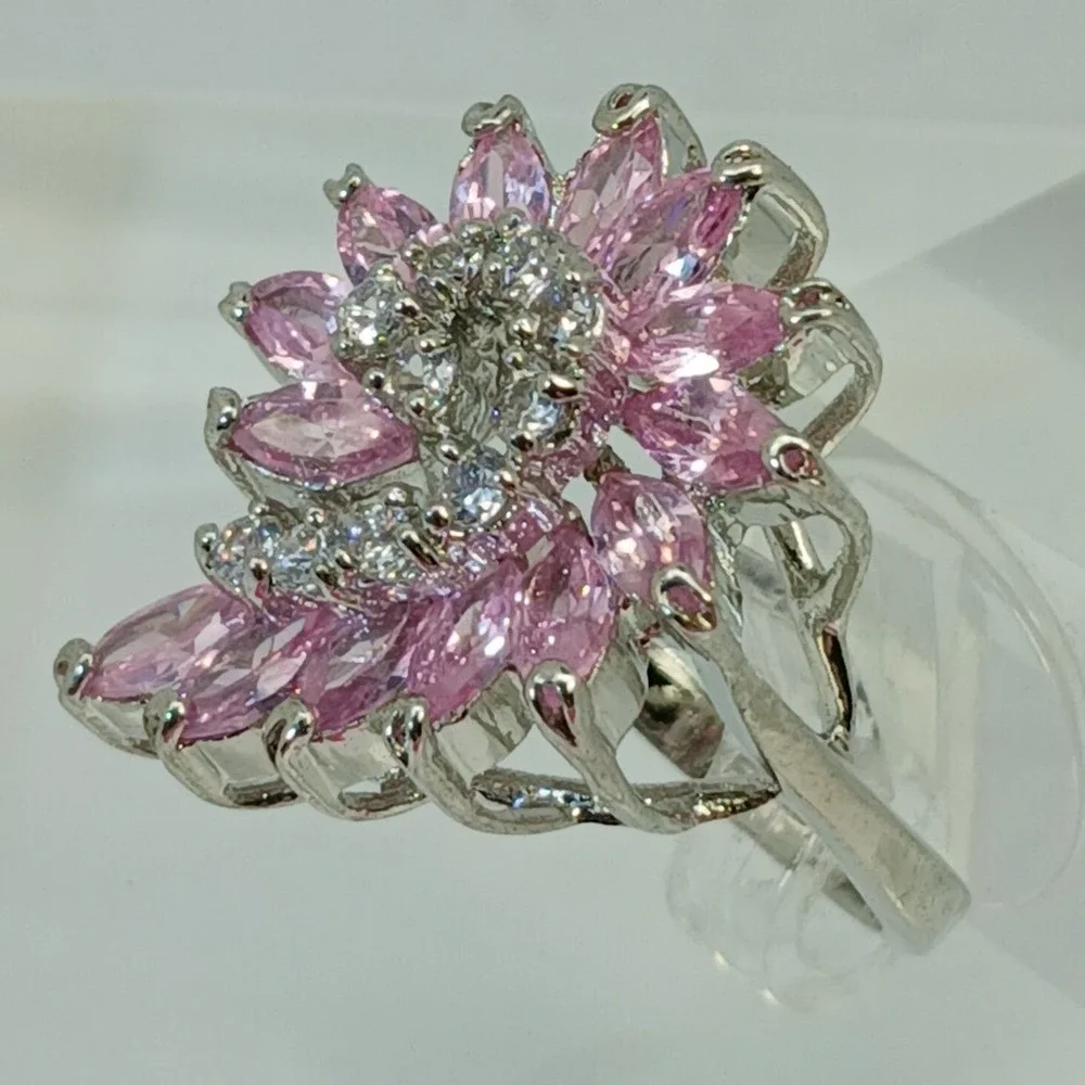 Vintage 1990s Pink Marquise Floral Swirl Cocktail Ring Silver Statement Size 8.5